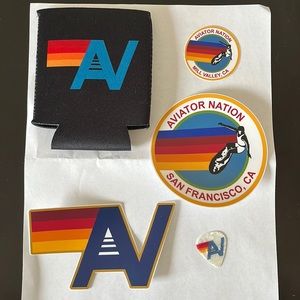 Aviator Nation stickers, cup cozy, guitar pick
